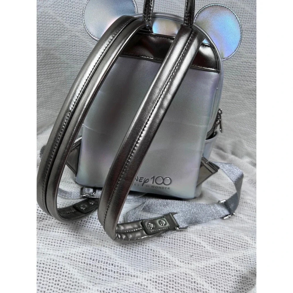 Disney 100 Loungefly Mickey Mouse Mini Backpack Silver Iridescent Good Preowned